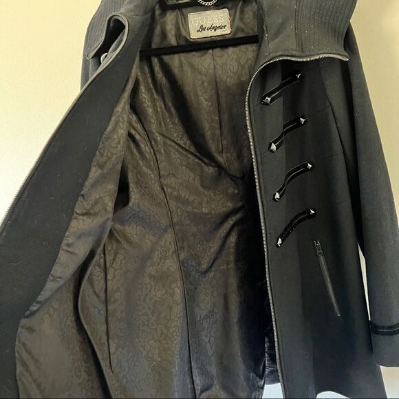 Guess Los Angeles Black Wool Blend Sparkle Hooded Mid-Length Coat - Picture 8 of 13